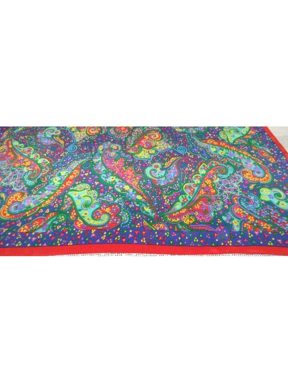 Vintage Psychedelic Paisley Silk Scarf Red Border Colorful Multicolor Big Size!